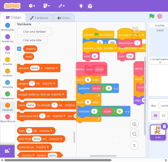 Captura real da paleta de listas do Scratch e do mostrador da lista mochila no palco