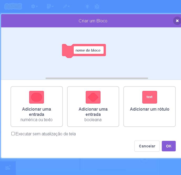 Captura real da janela Criar um Bloco do Scratch